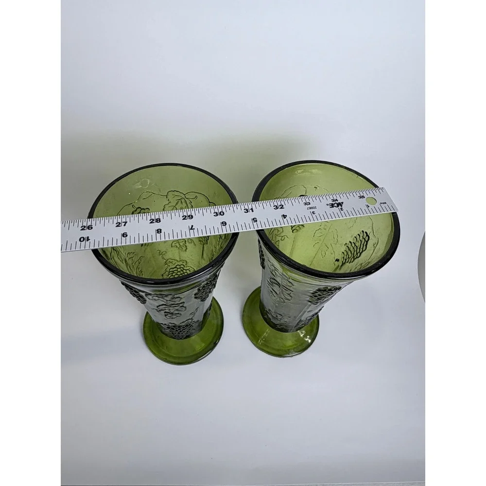Vintage Indiana Glass Green Grape Harvest Pressed Glass Trumpet Vases Set of 2
